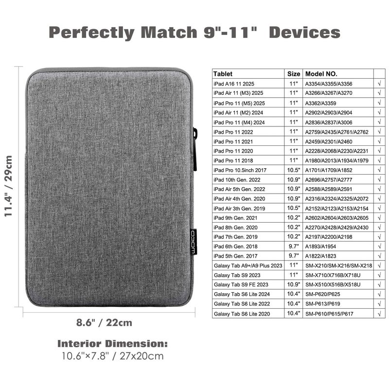 MoKo 9-11 Inch Tablet Sleeve Bag Carrying Case Fits New 11inch iPad Air M3, iPad A16 2025, iPad Pro 11 M4, Air 5/4/3, iPad 10/9/8th Gen, Tab S8/S9 11", Light Gray - Image 2